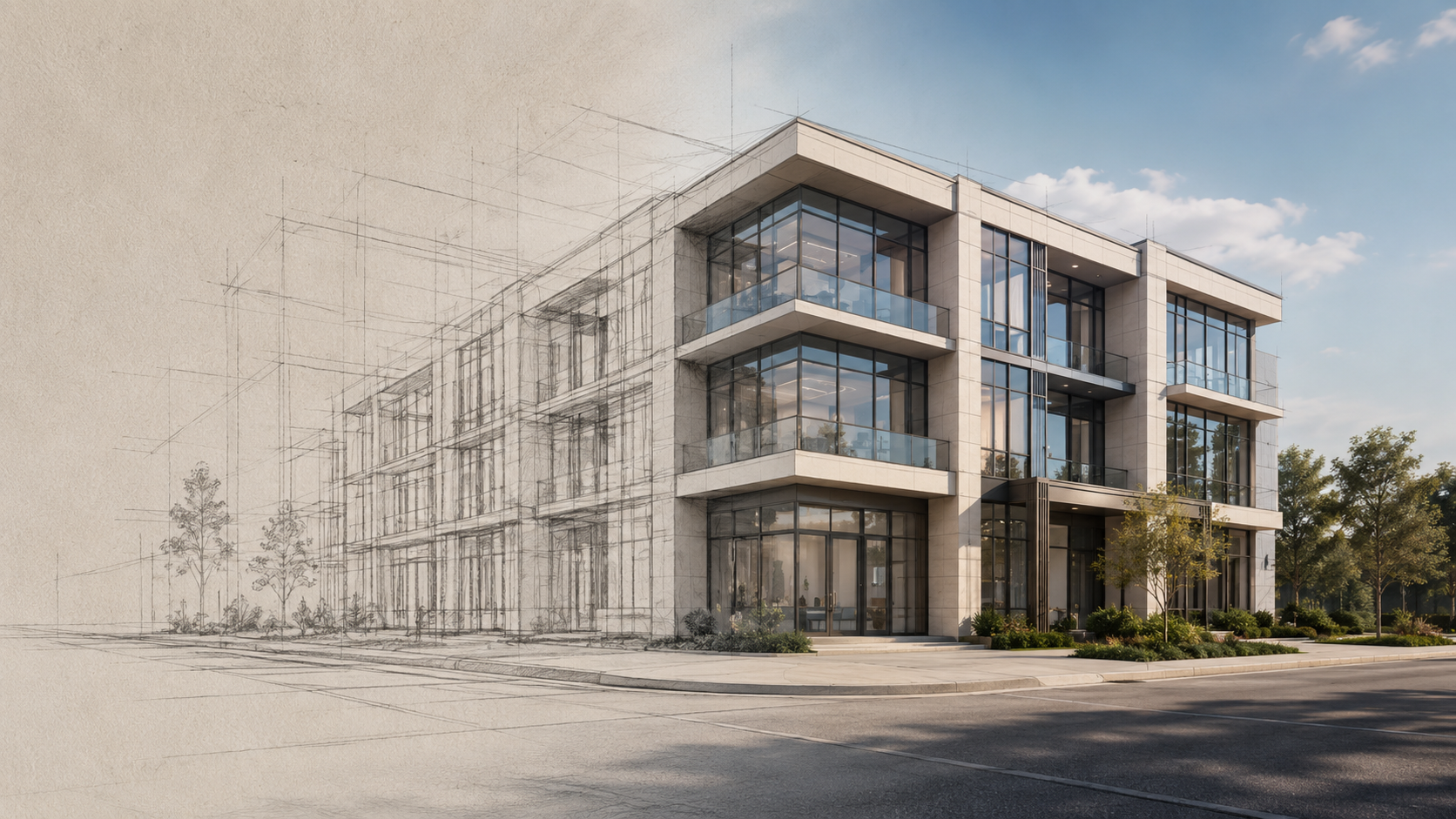 A commercial building progressing from architectural sketch through design rendering to completed construction